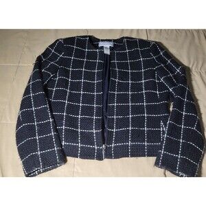 Liz Claiborne Vintage 80s Black White Plaid Fuzzy Wool Blend Blazer 6P